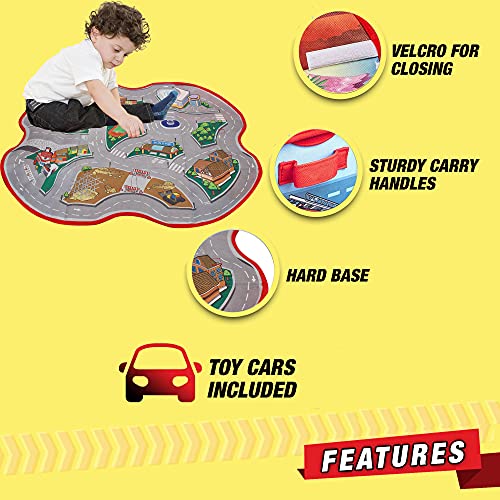 2 in 1 Convertible Toy Storage Box & Road Play Mat with 17 Pieces Cars & Trucks | Collapsible Fabric Cube Organizer City Rescue Vehicles Garage Bin for Kids Imaginary Play Set by Liberty Imports