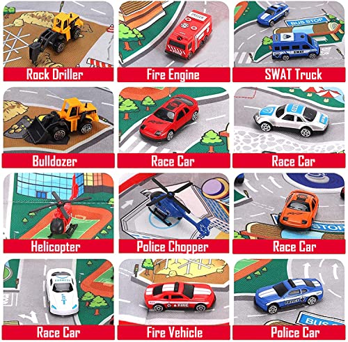 2 in 1 Convertible Toy Storage Box & Road Play Mat with 17 Pieces Cars & Trucks | Collapsible Fabric Cube Organizer City Rescue Vehicles Garage Bin for Kids Imaginary Play Set by Liberty Imports