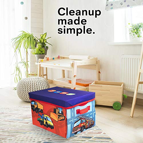 2 in 1 Convertible Toy Storage Box & Road Play Mat with 17 Pieces Cars & Trucks | Collapsible Fabric Cube Organizer City Rescue Vehicles Garage Bin for Kids Imaginary Play Set by Liberty Imports