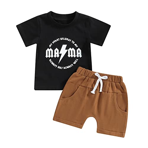 Infant Baby Boys Summer Clothes Solid Color Short Sleeve T-Shirt and Drawstring Shorts Set 2Pcs Toddler Outfits (Black- Mama, 6-12 Months) by MA&BABY