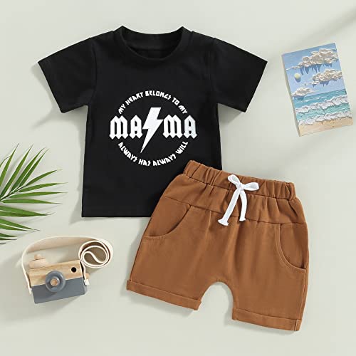 Infant Baby Boys Summer Clothes Solid Color Short Sleeve T-Shirt and Drawstring Shorts Set 2Pcs Toddler Outfits (Black- Mama, 6-12 Months) by MA&BABY
