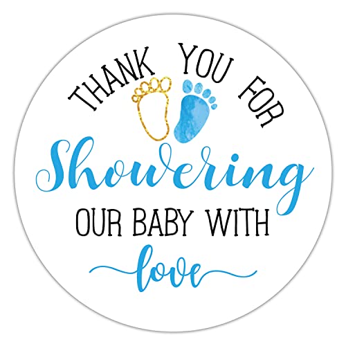 Blue Baby Shower Stickers, Thank You for Showering Our Baby with Love Stickers, Baby Shower Favors for Boys, Thank You Stickers Baby Shower, 2 Inch, Pack of 50. by HNPQN