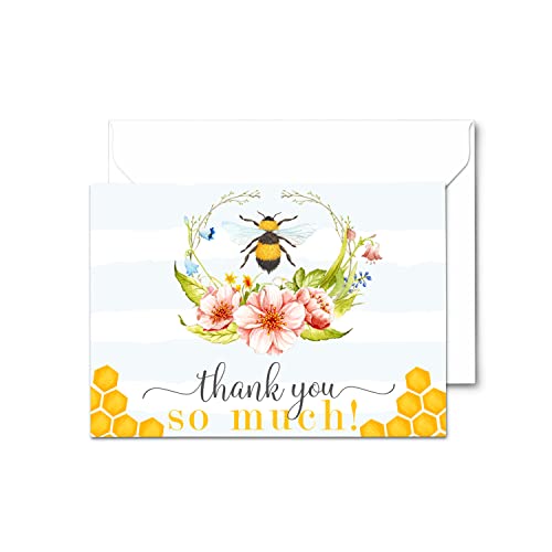 Bee Thank You Cards with Envelopes (25 Pack) Say Thanks for Baby Shower, Gender Reveal, Wedding â Rustic Bumblebee and Floral Designs Yellow, Pink, Blue - Printed Stationery Everyday Occasions - Folded Set â Paper Clever Party from Paper Clever Party