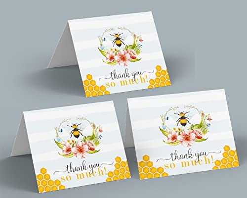 Bee Thank You Cards with Envelopes (25 Pack) Say Thanks for Baby Shower, Gender Reveal, Wedding â Rustic Bumblebee and Floral Designs Yellow, Pink, Blue - Printed Stationery Everyday Occasions - Folded Set â Paper Clever Party from Paper Clever Party
