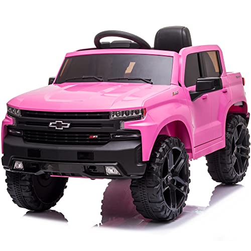 Kidzone 12V Battery Powered Licensed Chevrolet Silverado Trail Boss LT Kids Ride On Truck ATV Car, Toddler Electric Vehicles Toys w/ Remote Control, MP3/Bluetooth, Spring Suspension, LED Light, Pink from Kidzone