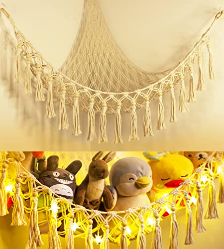 Stuffed Animal Toy Storage Hammock with LED Light-Macrame Jumbo Doll Room Corner Organizer Mesh Decoration-Hanging Storage Nets Kids Bedroom(Beads) from TCGPRO