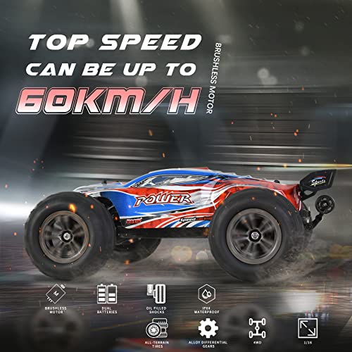 1:16 Brushless 55+ kmh High Speed Large RC Cars,Remote Control Car 4x4 Off Road Monster Truck Electric All Terrain Waterproof Toys Hobby Vehicle for Kids and Adults - 2 Batteries for 40+ Min Play by Hosim