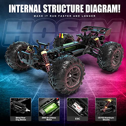 1:16 Brushless 55+ kmh High Speed Large RC Cars,Remote Control Car 4x4 Off Road Monster Truck Electric All Terrain Waterproof Toys Hobby Vehicle for Kids and Adults - 2 Batteries for 40+ Min Play by Hosim