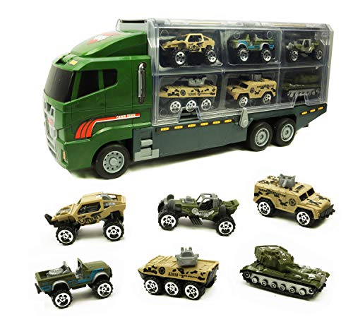 Smart Novelty Die Cast Emergency Trucks Vehicles Toy Cars Play Set in Carrier Truck - 7 in 1 Transport Truck Emergency Car Set for Kids Gifts (Army Vehicle Set) from Smart Novelty