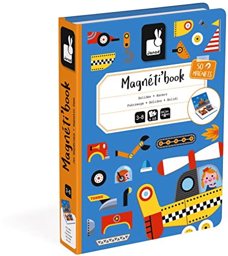 Janod MagnetiBook 69 pc Magnetic Racer Vehicles Game for Imagination Play - Book Shaped Travel/Storage Case Included - S.T.E.M. Toy for Ages 3+ by Juratoys US Corp