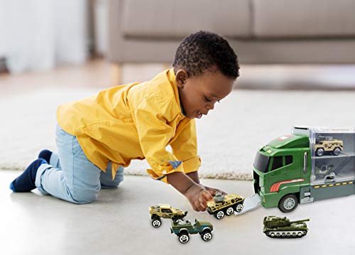 Smart Novelty Die Cast Emergency Trucks Vehicles Toy Cars Play Set in Carrier Truck - 7 in 1 Transport Truck Emergency Car Set for Kids Gifts (Army Vehicle Set) from Smart Novelty