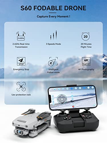 Drone with Camera for Adults 4K - ROVPRO Dual Camera S60 RC Quadcopter with APP Control - Obstacle Avoidance, Waypoint Fly, Altitude Hold, Follow Me, Roll Mode, Headless Mode, 2 Batteries by ROVPRO