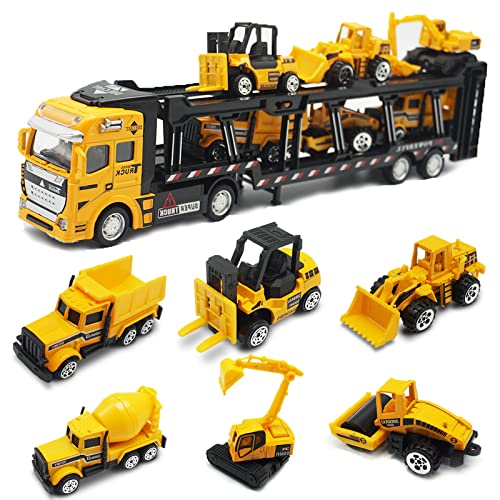 OTONOPI Construction Truck Toys Play Vehicles for Boys and Toddlers Die Cast Mini Car in Pull Back Friction Powered Carrier Transport Truck Small Construction Toys Crane Mixer Dump Excavator by OTONOPI