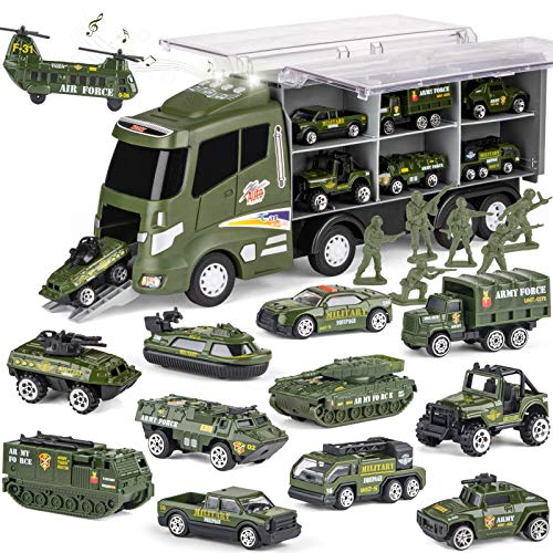 18 Pcs Military Truck with Army Men Toy Set for Boys, Mini Die-cast Battle Car in Transport Carrier Truck Playset, Army Toy Vehicle for Boy Girl Kid Toddler 8-12 Year Old Birthday Gift Party Favor by Divwa