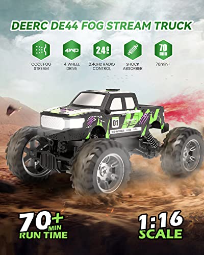 DEERC DE44 Remote Control Monster Truck with Fog Mist, Dual Motors Off Road RC Car, 4WD Rock Crawler with LED Lights, Spray Water Mist, 70+ Min Play, Toy Vehicle for Boys Girls and Adults by DEERC