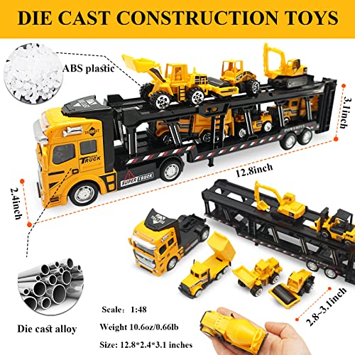 OTONOPI Construction Truck Toys Play Vehicles for Boys and Toddlers Die Cast Mini Car in Pull Back Friction Powered Carrier Transport Truck Small Construction Toys Crane Mixer Dump Excavator by OTONOPI