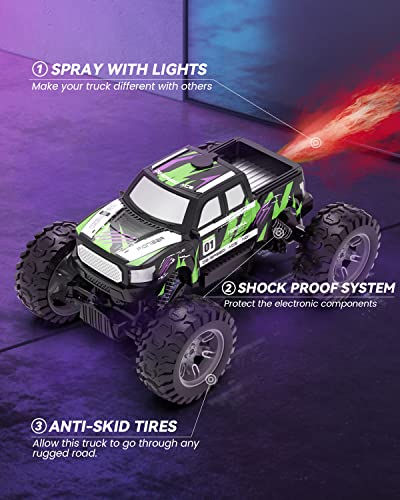 DEERC DE44 Remote Control Monster Truck with Fog Mist, Dual Motors Off Road RC Car, 4WD Rock Crawler with LED Lights, Spray Water Mist, 70+ Min Play, Toy Vehicle for Boys Girls and Adults by DEERC
