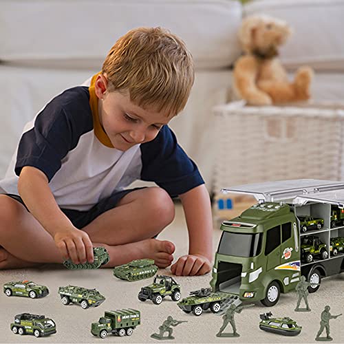 18 Pcs Military Truck with Army Men Toy Set for Boys, Mini Die-cast Battle Car in Transport Carrier Truck Playset, Army Toy Vehicle for Boy Girl Kid Toddler 8-12 Year Old Birthday Gift Party Favor by Divwa