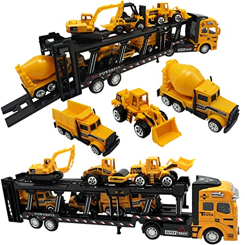 OTONOPI Construction Truck Toys Play Vehicles for Boys and Toddlers Die Cast Mini Car in Pull Back Friction Powered Carrier Transport Truck Small Construction Toys Crane Mixer Dump Excavator by OTONOPI
