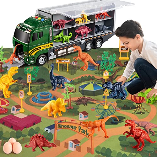 39 in 1 Dinosaur Toy Truck for Kids 3-7 with Play Mat, Dino Transport Carrier Vehicle Toy with Lights and Sounds, Toys for Toddler 3 4 5 6 Years Old Boys Includes Dino Figures, Eggs and Trees from SNAEN