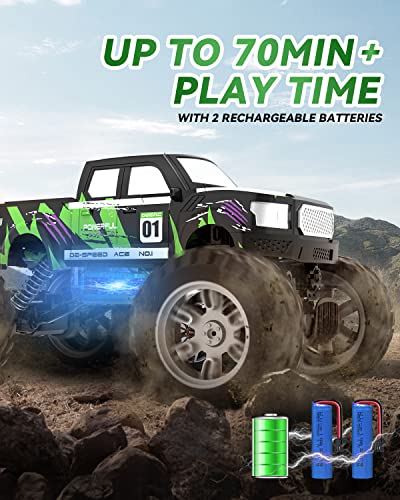 DEERC DE44 Remote Control Monster Truck with Fog Mist, Dual Motors Off Road RC Car, 4WD Rock Crawler with LED Lights, Spray Water Mist, 70+ Min Play, Toy Vehicle for Boys Girls and Adults by DEERC