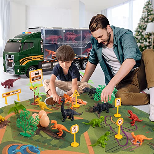 39 in 1 Dinosaur Toy Truck for Kids 3-7 with Play Mat, Dino Transport Carrier Vehicle Toy with Lights and Sounds, Toys for Toddler 3 4 5 6 Years Old Boys Includes Dino Figures, Eggs and Trees from SNAEN