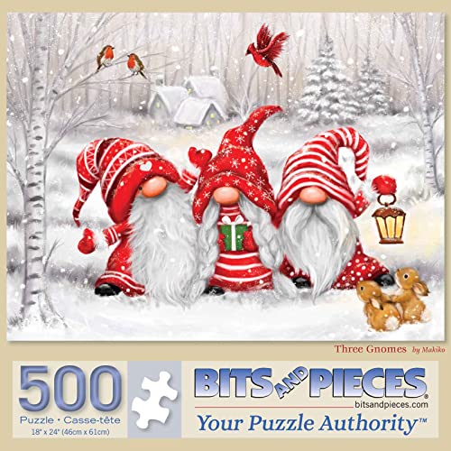 Bits and Pieces - 500 Piece Jigsaw Puzzle for Adults - 'Three Gnomes' Large Piece Christmas Winter Jigsaw by Artist Makiko - 18" x 24" by Melville Direct