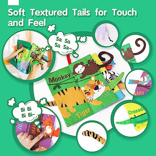beiens Baby Books Toys, Touch and Feel Crinkle Cloth Books for Babies, Infants & Toddler, Early Development Interactive Car & Stroller Soft Toys for Boys & Girls (Jungle Tails-1 Book) by beiens