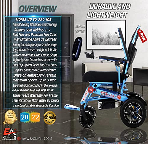 5 Colors (XL) ONE Click Automatic Folding Lightweight Best Exclusive Motorized Electric Wheelchair Scooter, Airplane Travel Safe, Heavy-Duty Power Electric Wheelchair (21.5'' seat Width) (Blue) by EAONE.LLC