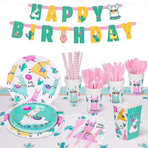 Decorlife Llama Birthday Party Supplies Serves 16, Cute Party Decorations for Girls, Complete Pack Includes Popcorn, 54" x 108" Tablecloth, Pre-strung Banner, Heavy Duty Utensil, 138 PCS from decorlife