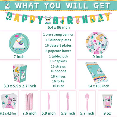 Decorlife Llama Birthday Party Supplies Serves 16, Cute Party Decorations for Girls, Complete Pack Includes Popcorn, 54" x 108" Tablecloth, Pre-strung Banner, Heavy Duty Utensil, 138 PCS from decorlife