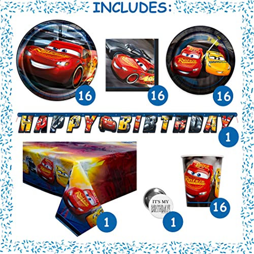 Disney Cars Party Supplies and Decorations for Birthday, Serves 16 Guests, Perfect for Girls and Boys, Easy Setup and Takedown with Table Cover, Plates, Napkins & More from Unique