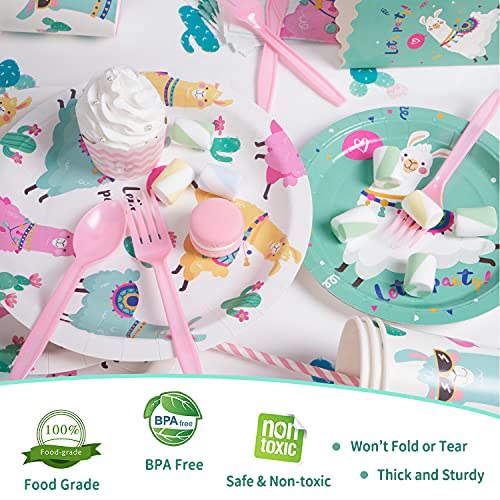Decorlife Llama Birthday Party Supplies Serves 16, Cute Party Decorations for Girls, Complete Pack Includes Popcorn, 54" x 108" Tablecloth, Pre-strung Banner, Heavy Duty Utensil, 138 PCS from decorlife