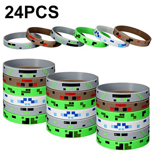 24 Pieces Pixelated Miner Crafting Style Character Wristband Bracelets Silicone Wristbands, Pixelated Theme Bracelet Designs for Mining Themed or Crafting Style Party Supplies (24 Pieces, Style 1) by Jovitec