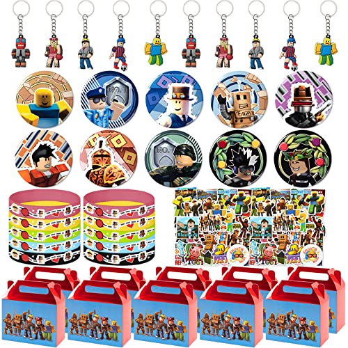 Robot Blocks Party Supplies,90 pcs Sandbox theme Party Favors for Kids include 10 Pins,10 Keychains,10 Silicone Wristbands,10 Finger Lights and 50 Stickers-Best for Fill Up the Birthday Gift Bags from NITELUO