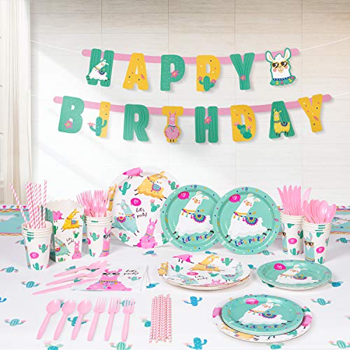 Decorlife Llama Birthday Party Supplies Serves 16, Cute Party Decorations for Girls, Complete Pack Includes Popcorn, 54" x 108" Tablecloth, Pre-strung Banner, Heavy Duty Utensil, 138 PCS from decorlife