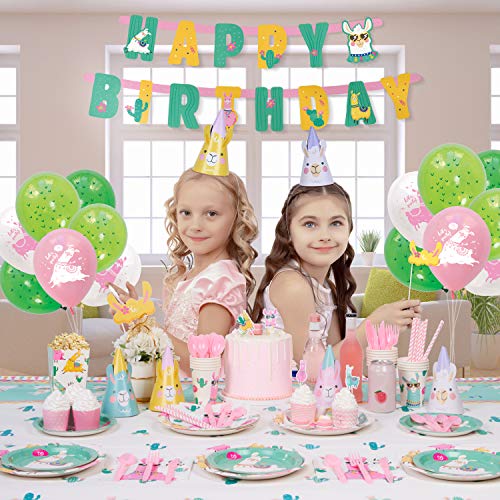 Decorlife Llama Birthday Party Supplies Serves 16, Cute Party Decorations for Girls, Complete Pack Includes Popcorn, 54" x 108" Tablecloth, Pre-strung Banner, Heavy Duty Utensil, 138 PCS from decorlife