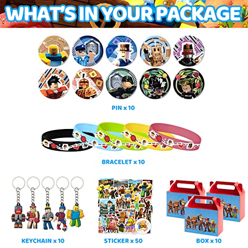 Robot Blocks Party Supplies,90 pcs Sandbox theme Party Favors for Kids include 10 Pins,10 Keychains,10 Silicone Wristbands,10 Finger Lights and 50 Stickers-Best for Fill Up the Birthday Gift Bags from NITELUO