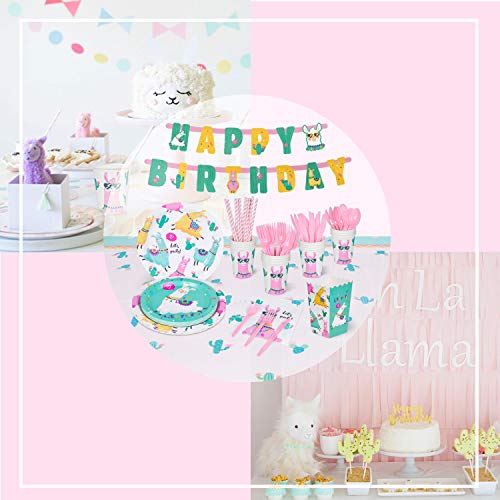 Decorlife Llama Birthday Party Supplies Serves 16, Cute Party Decorations for Girls, Complete Pack Includes Popcorn, 54" x 108" Tablecloth, Pre-strung Banner, Heavy Duty Utensil, 138 PCS from decorlife