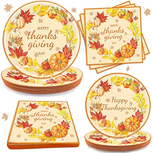 Thanksgiving Party Supplies Plates and Napkins Tableware Set Thanksgiving Party Decoration Supplies Fall Pumpkin Turkey Autumn Paper Plates Napkins for Thanksgiving Day, Serves 24 by 