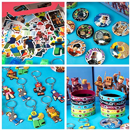 Robot Blocks Party Supplies,90 pcs Sandbox theme Party Favors for Kids include 10 Pins,10 Keychains,10 Silicone Wristbands,10 Finger Lights and 50 Stickers-Best for Fill Up the Birthday Gift Bags from NITELUO