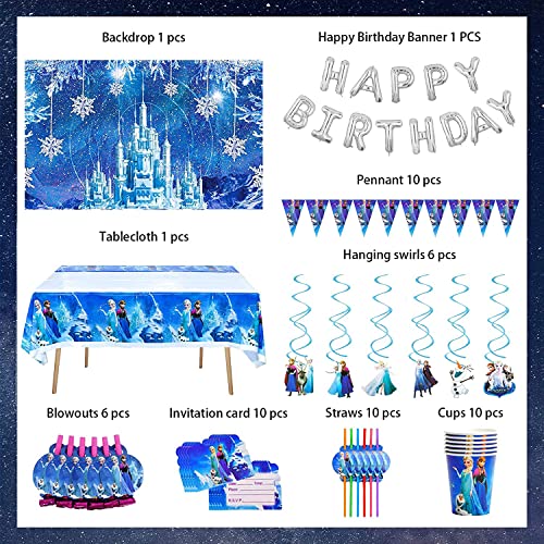 304 PCS Frozen Birthday Party Supplies Winter Wonderland Party Decorations Include Balloons, Backdrop, Gift Bags, Banner, Tablecloth, Plates, Cake Topper, Cupcake Topper for Boys Girls Kids from AGGERT