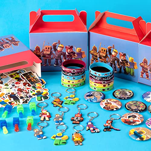 Robot Blocks Party Supplies,90 pcs Sandbox theme Party Favors for Kids include 10 Pins,10 Keychains,10 Silicone Wristbands,10 Finger Lights and 50 Stickers-Best for Fill Up the Birthday Gift Bags from NITELUO