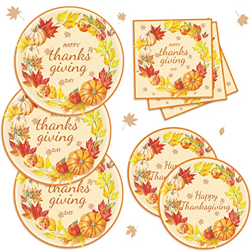 Thanksgiving Party Supplies Plates and Napkins Tableware Set Thanksgiving Party Decoration Supplies Fall Pumpkin Turkey Autumn Paper Plates Napkins for Thanksgiving Day, Serves 24 by 