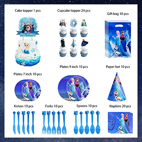 304 PCS Frozen Birthday Party Supplies Winter Wonderland Party Decorations Include Balloons, Backdrop, Gift Bags, Banner, Tablecloth, Plates, Cake Topper, Cupcake Topper for Boys Girls Kids from AGGERT