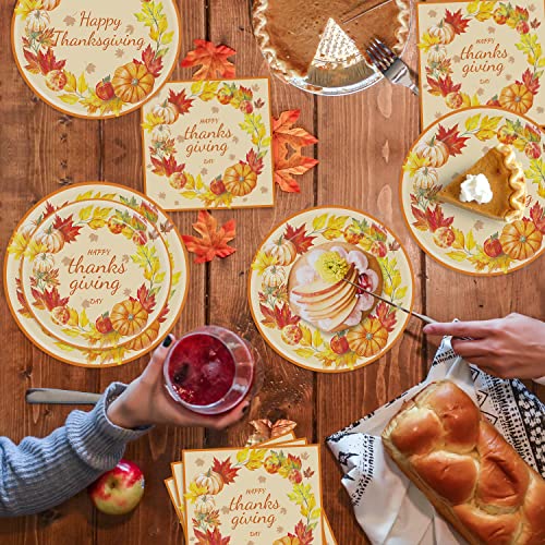 Thanksgiving Party Supplies Plates and Napkins Tableware Set Thanksgiving Party Decoration Supplies Fall Pumpkin Turkey Autumn Paper Plates Napkins for Thanksgiving Day, Serves 24 by 
