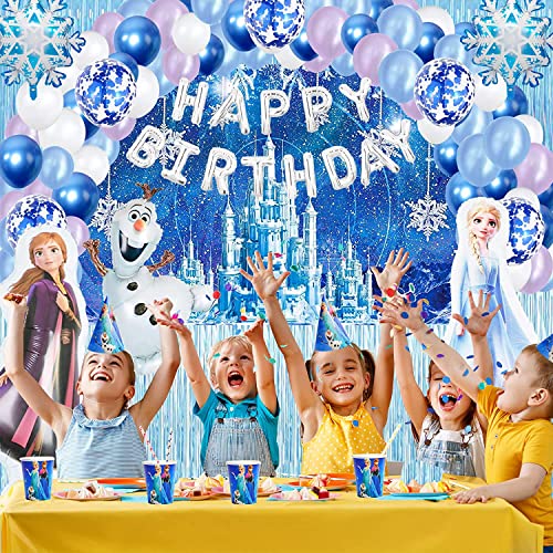 304 PCS Frozen Birthday Party Supplies Winter Wonderland Party Decorations Include Balloons, Backdrop, Gift Bags, Banner, Tablecloth, Plates, Cake Topper, Cupcake Topper for Boys Girls Kids from AGGERT