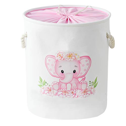 INough Laundry Baskets Pink Hamper Elephant Basket for Kids, Baby Laundry Basket,Large Collapsible Laundry Hamper with Handles Waterproof Round Linen Storage Basket for Toddler (Pink Elephant) by INough