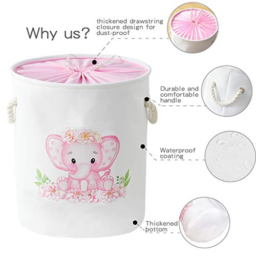 INough Laundry Baskets Pink Hamper Elephant Basket for Kids, Baby Laundry Basket,Large Collapsible Laundry Hamper with Handles Waterproof Round Linen Storage Basket for Toddler (Pink Elephant) by INough