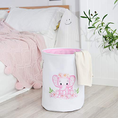 INough Laundry Baskets Pink Hamper Elephant Basket for Kids, Baby Laundry Basket,Large Collapsible Laundry Hamper with Handles Waterproof Round Linen Storage Basket for Toddler (Pink Elephant) by INough